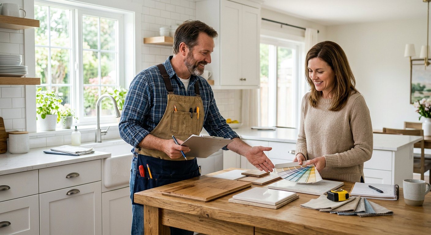 Renovation specialist reviewing material samples and colour swatches with a homeowner