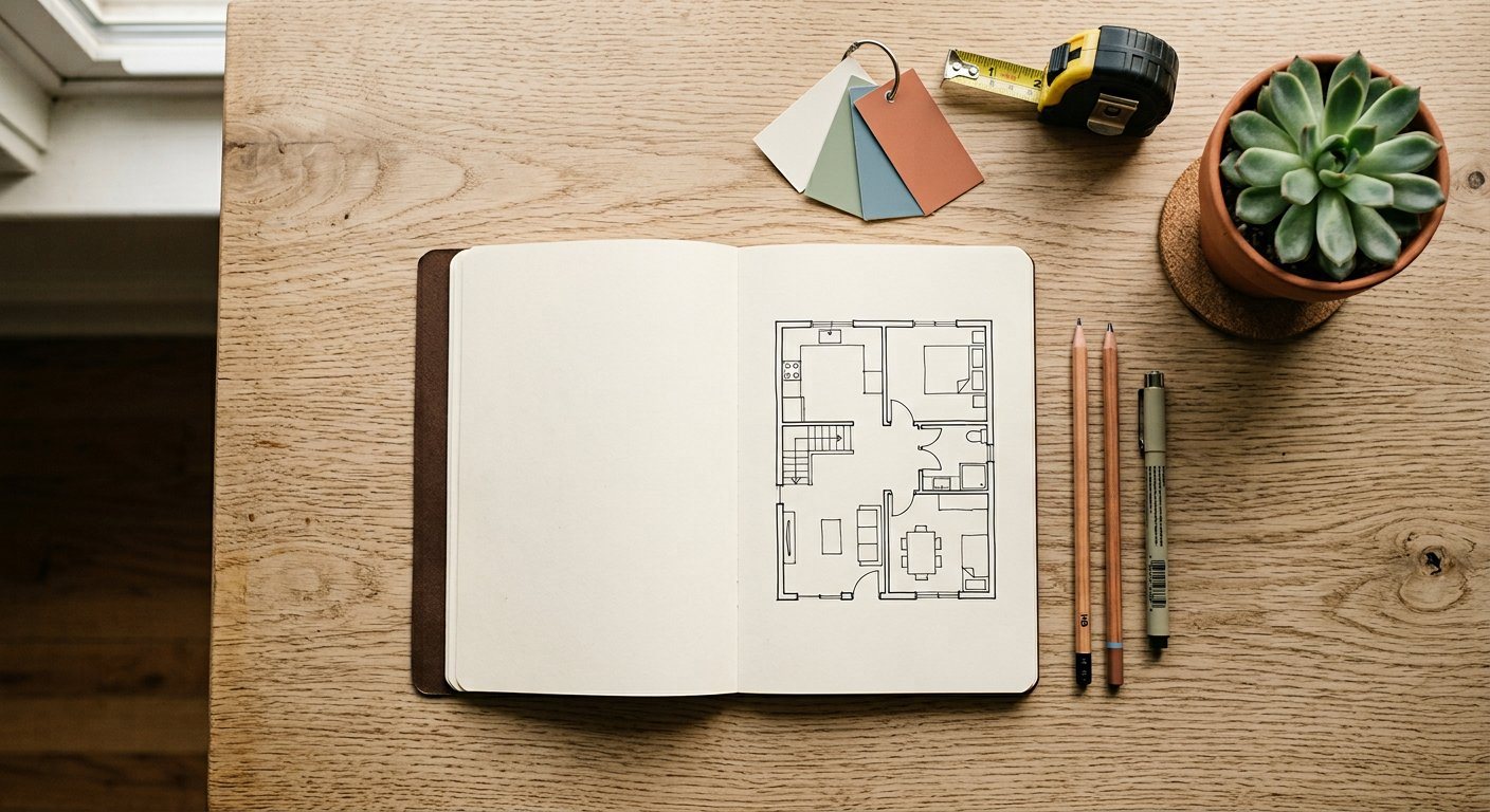 Blank notebook with a floor plan sketch, swatches, tape measure and pencils on a wooden desk