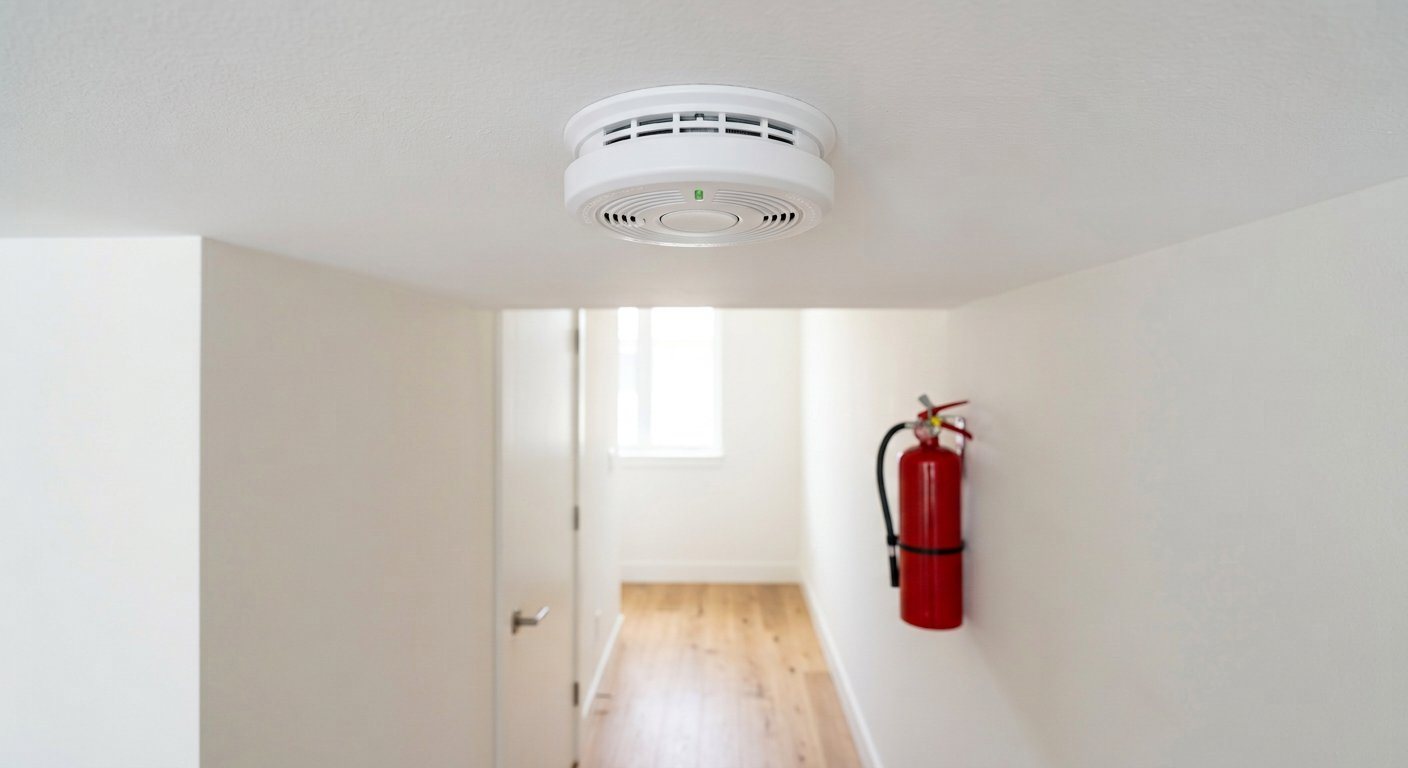 Smoke detector on a bright ceiling with a fire extinguisher nearby