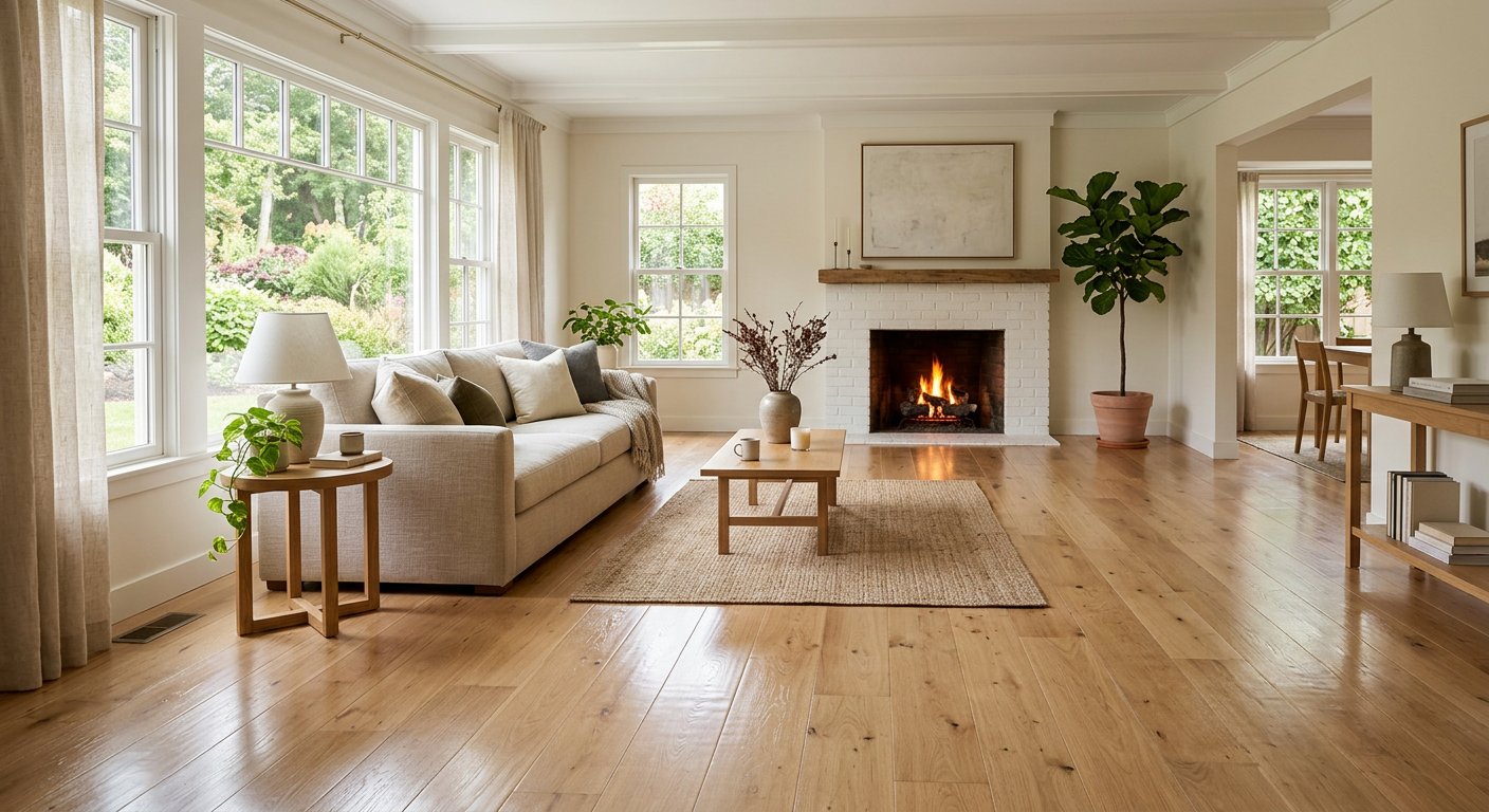 Living room with freshly installed wide plank hardwood flooring
