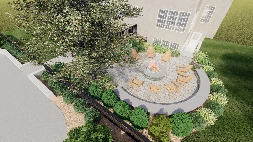 Landscaped garden patio with fire pit and curved planting beds