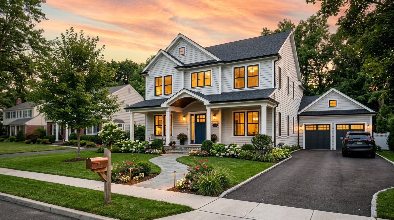 Beautifully renovated two-story home glowing at golden hour