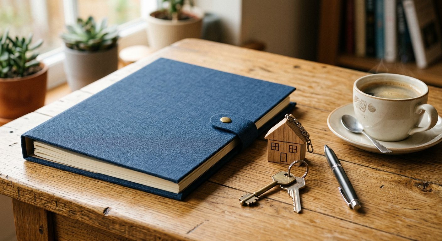 Home finance folder, keys and a house-shaped keyring on a table