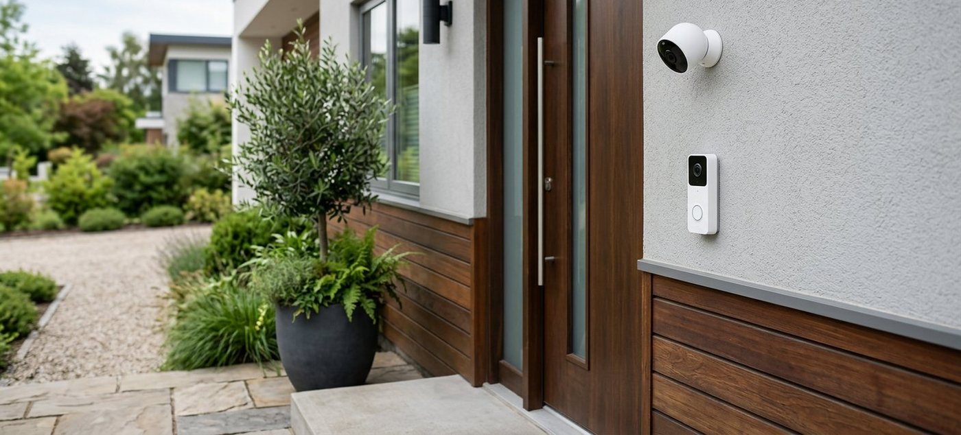 Video doorbell and outdoor security camera on a modern home entry