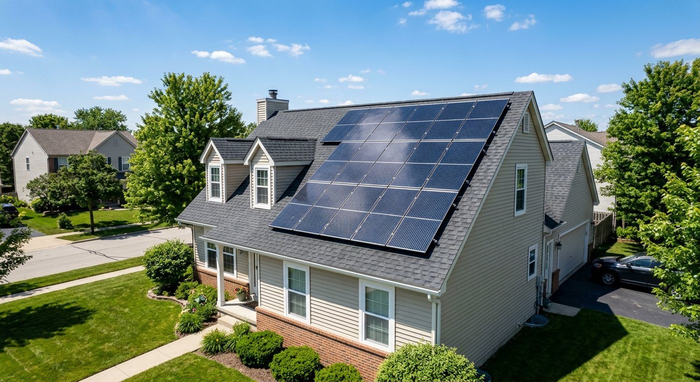 Solar panels installed on the roof of a suburban home